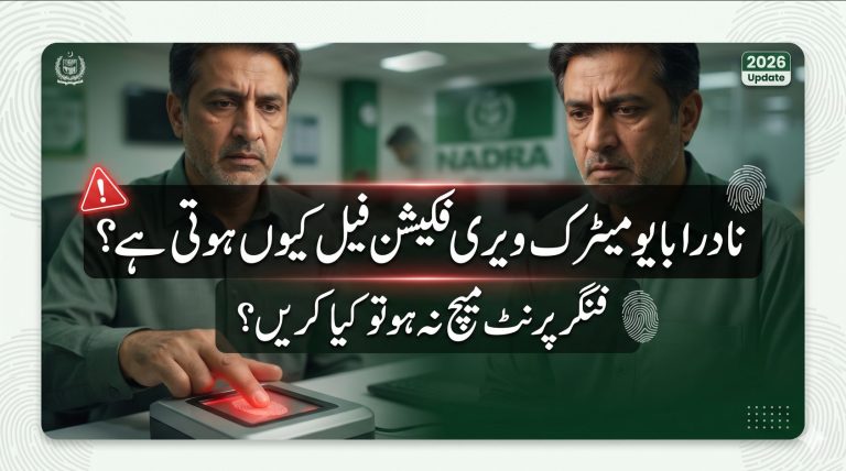NADRA Biometric Verification System in Pakistan (Complete Guide) 6 Urdu featured image showing NADRA biometric verification failure with fingerprint scanner and problem-focused headline in Pakistan.