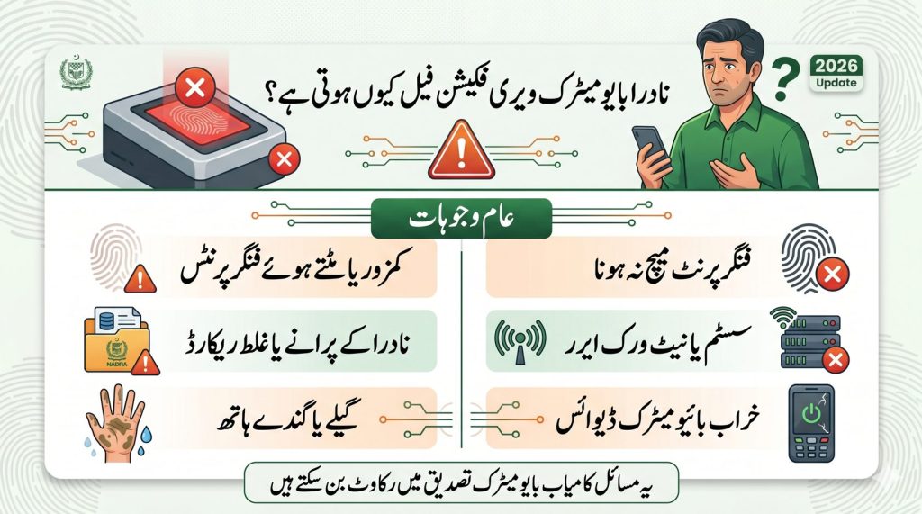 Urdu infographic showing common reasons why NADRA biometric verification fails including fingerprint mismatch, outdated records, and device errors in Pakistan.