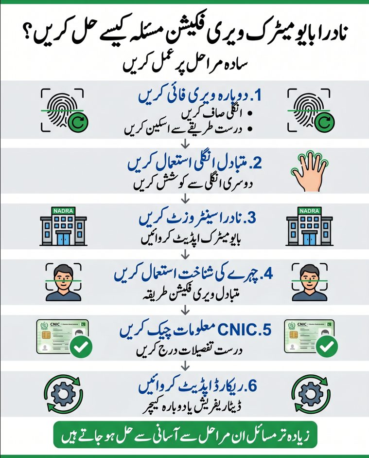 Urdu infographic showing step-by-step solutions to fix NADRA biometric verification issues including retry, alternate finger, NADRA visit, and record update in Pakistan.