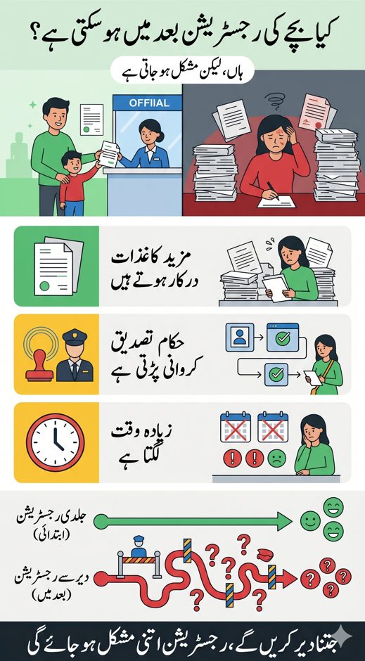 Urdu infographic explaining late child registration in NADRA Pakistan including extra documents verification and delays compared to early registration