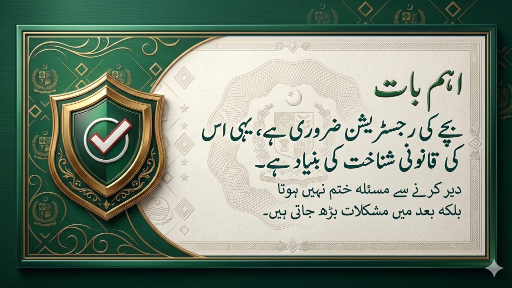 Urdu banner highlighting expert insight that child registration in NADRA Pakistan is essential for legal identity and delaying it causes future problems
