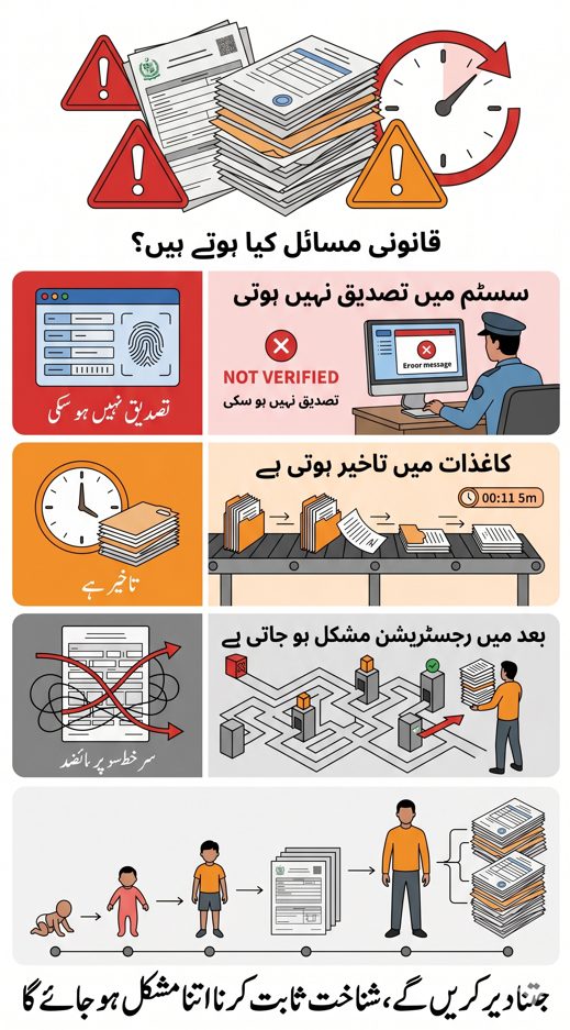 Urdu infographic explaining legal consequences of not registering a child in NADRA Pakistan including verification failure delays and complex registration later
