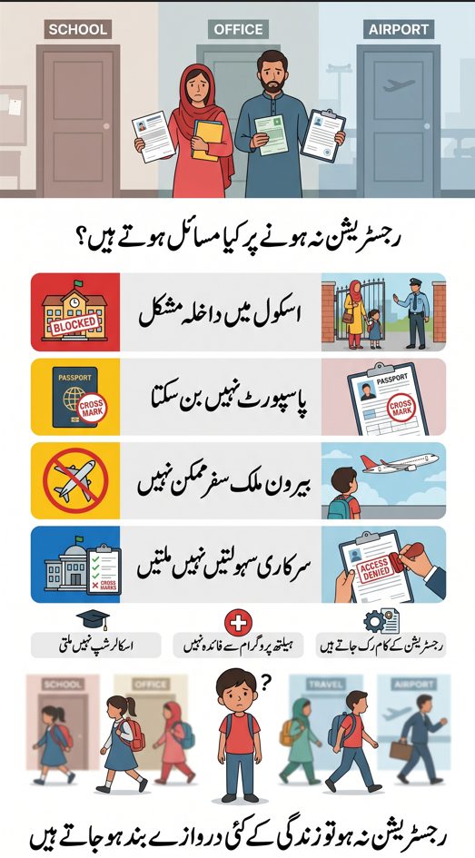Urdu infographic showing real life problems of not registering a child in NADRA Pakistan including school admission issues passport restrictions and blocked services