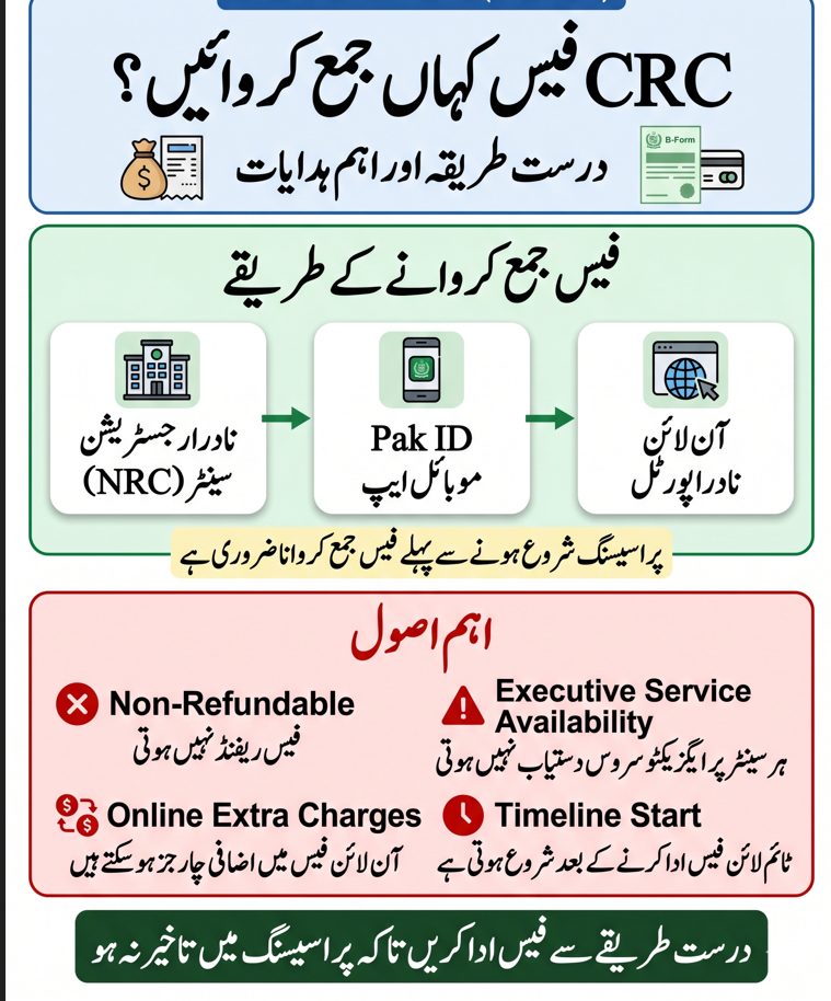 NADRA CRC Fee Structure 2026 (B-Form Latest Fees & Charges) 5 Urdu infographic showing where to pay NADRA CRC fee including NADRA centers, Pak ID app, and online portal with important rules and payment guidelines in Pakistan.