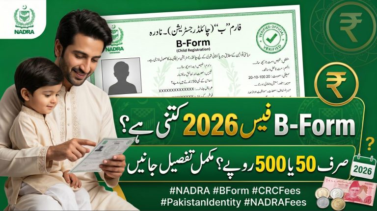 NADRA CRC Fee Structure 2026 (B-Form Latest Fees & Charges) 9 Urdu featured image showing NADRA CRC B-Form fee structure 2026 with normal and executive charges, processing time, and included services in Pakistan.
