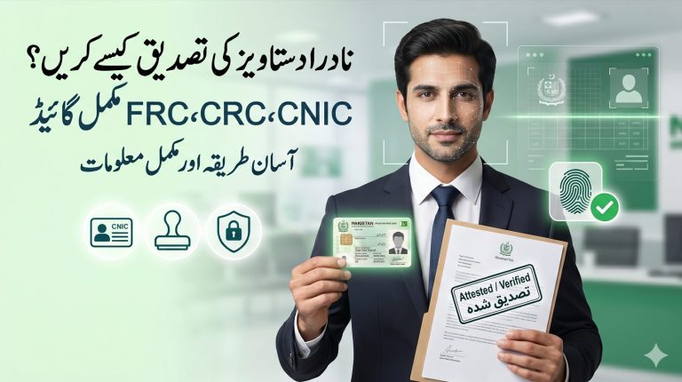Pakistani citizen holding CNIC with NADRA document attestation stamp and biometric verification system in Pakistan