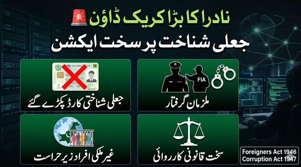 Urdu infographic showing NADRA crackdown on fake CNICs with arrests, foreign nationals detention, and legal action in Pakistan