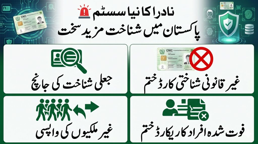 Urdu infographic explaining NADRA identity system crackdown including fake CNIC removal and biometric verification in Pakistan