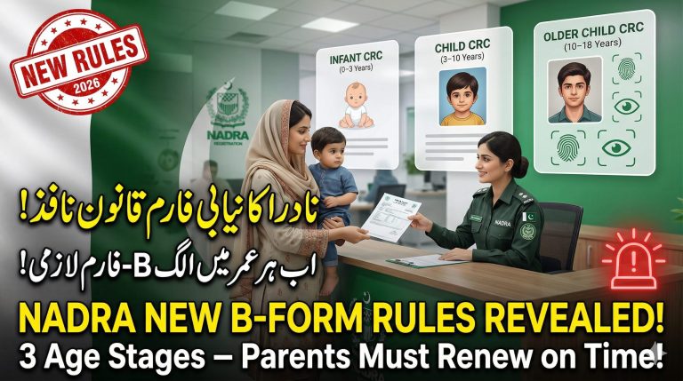 New NADRA B-Form Issuance System in Pakistan (Updated CRC Process) 8 Infographic/Banner for NADRA (Pakistan) announcing new B-Form (CRC - Child Registration Certificate) rules for 2026. The image features a mother and child at an official counter with an officer. Headlines in Urdu and English declare 'NADRA NEW B-FORM RULES REVEALED!' and '3 Age Stages – Parents Must Renew on Time!'. Age-specific categories with images for INFANT CRC (0-3 Years), CHILD CRC (3-10 Years), and OLDER CHILD CRC (10-18 Years) with biometric icons are shown on the right.