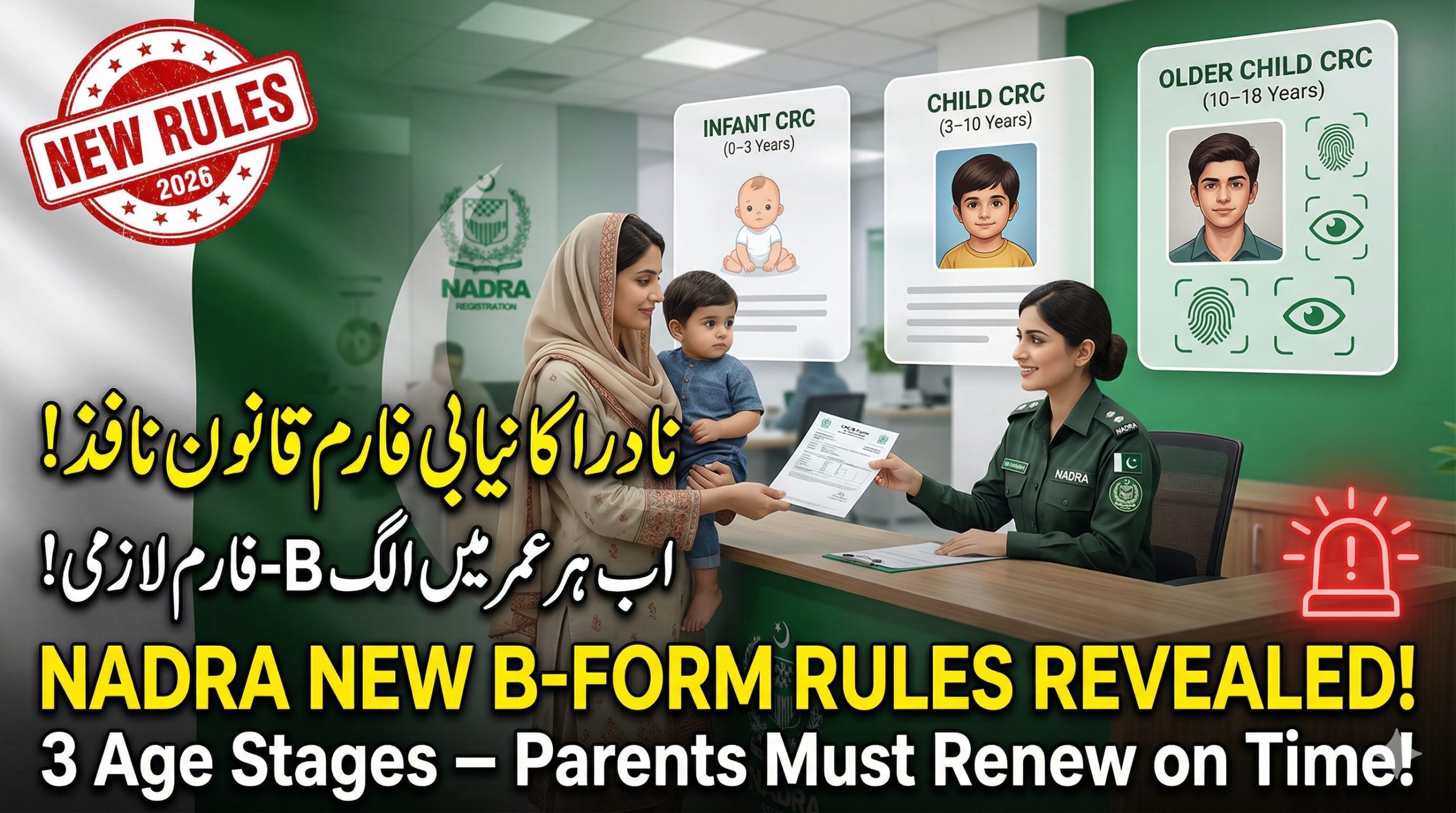 Infographic/Banner for NADRA (Pakistan) announcing new B-Form (CRC - Child Registration Certificate) rules for 2026. The image features a mother and child at an official counter with an officer. Headlines in Urdu and English declare 'NADRA NEW B-FORM RULES REVEALED!' and '3 Age Stages – Parents Must Renew on Time!'. Age-specific categories with images for INFANT CRC (0-3 Years), CHILD CRC (3-10 Years), and OLDER CHILD CRC (10-18 Years) with biometric icons are shown on the right.