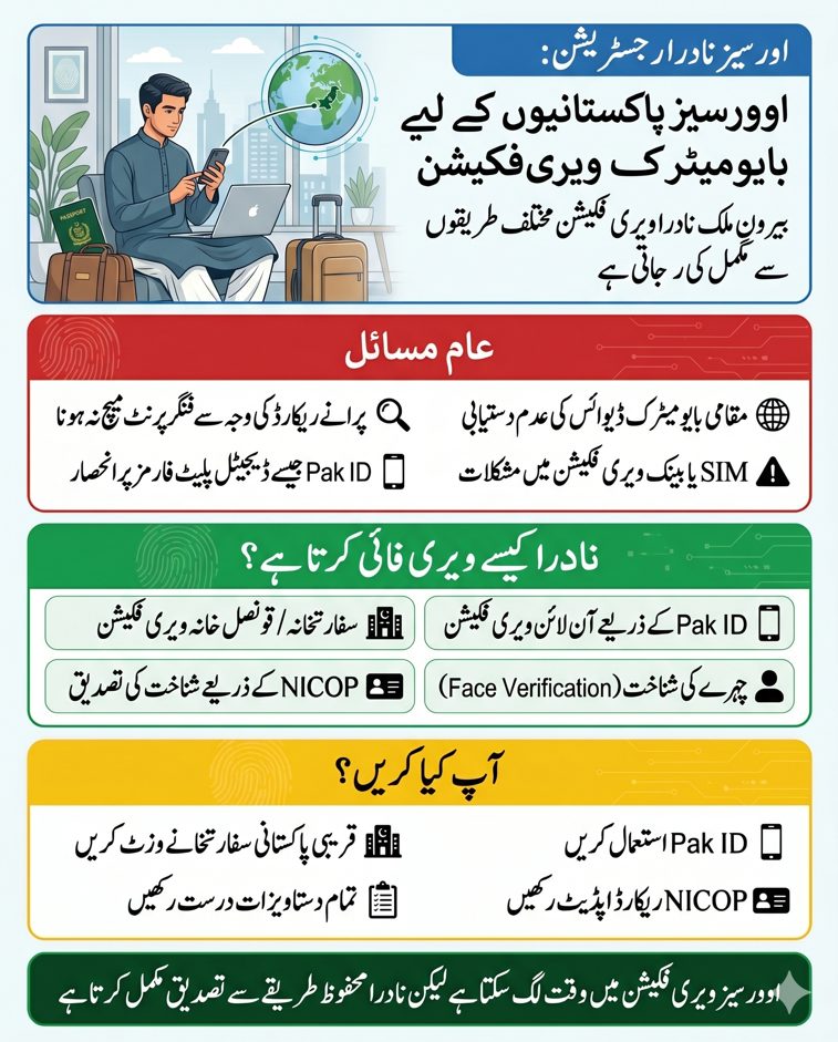 Urdu vertical infographic explaining NADRA biometric verification for overseas Pakistanis including challenges, verification methods, and solutions.