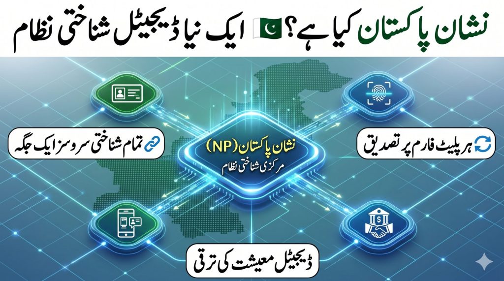 Urdu infographic explaining Nishan Pakistan digital identity platform with centralized verification system in Pakistan
