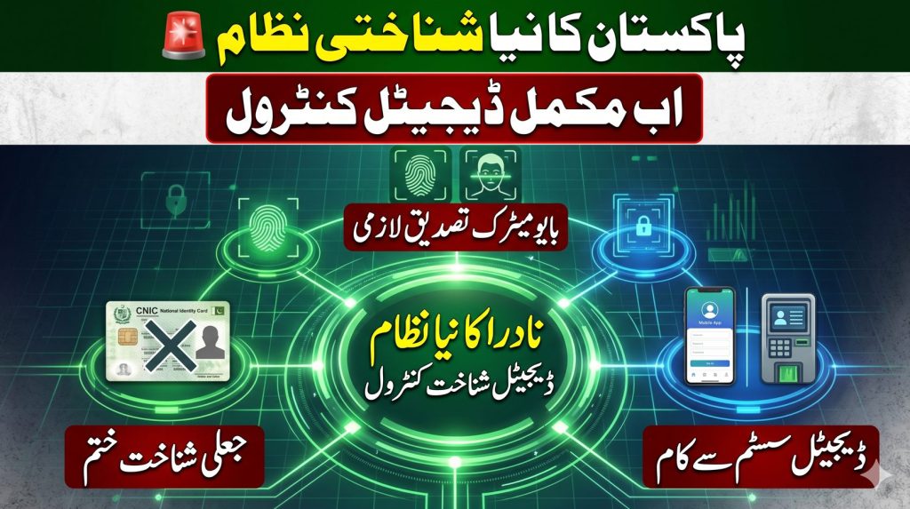 Urdu infographic showing Pakistan digital identity system with NADRA control, biometric verification, and fraud removal