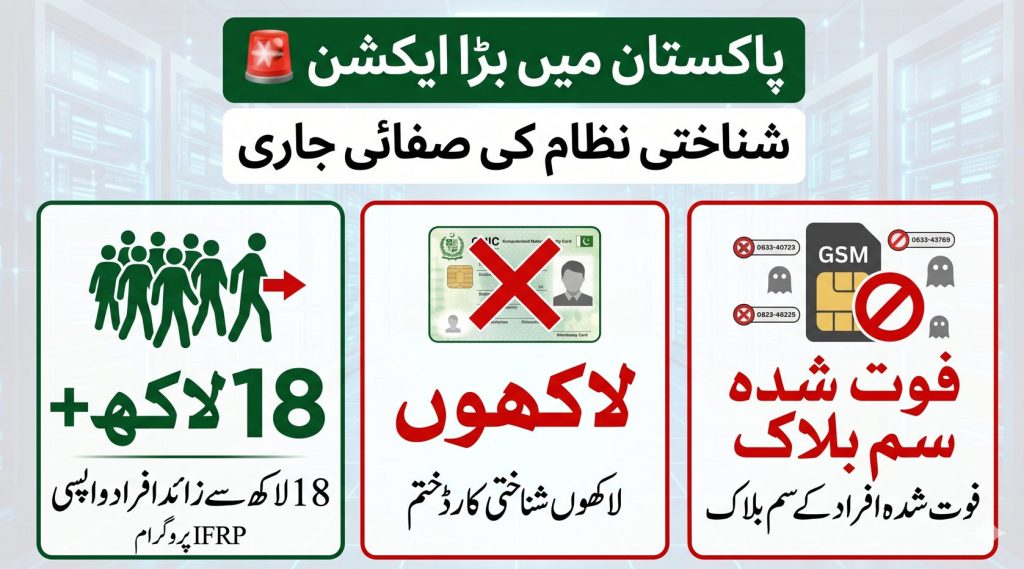 Urdu infographic showing NADRA enforcement scale including Afghan nationals return, CNIC cancellations, and SIM blocking in Pakistan