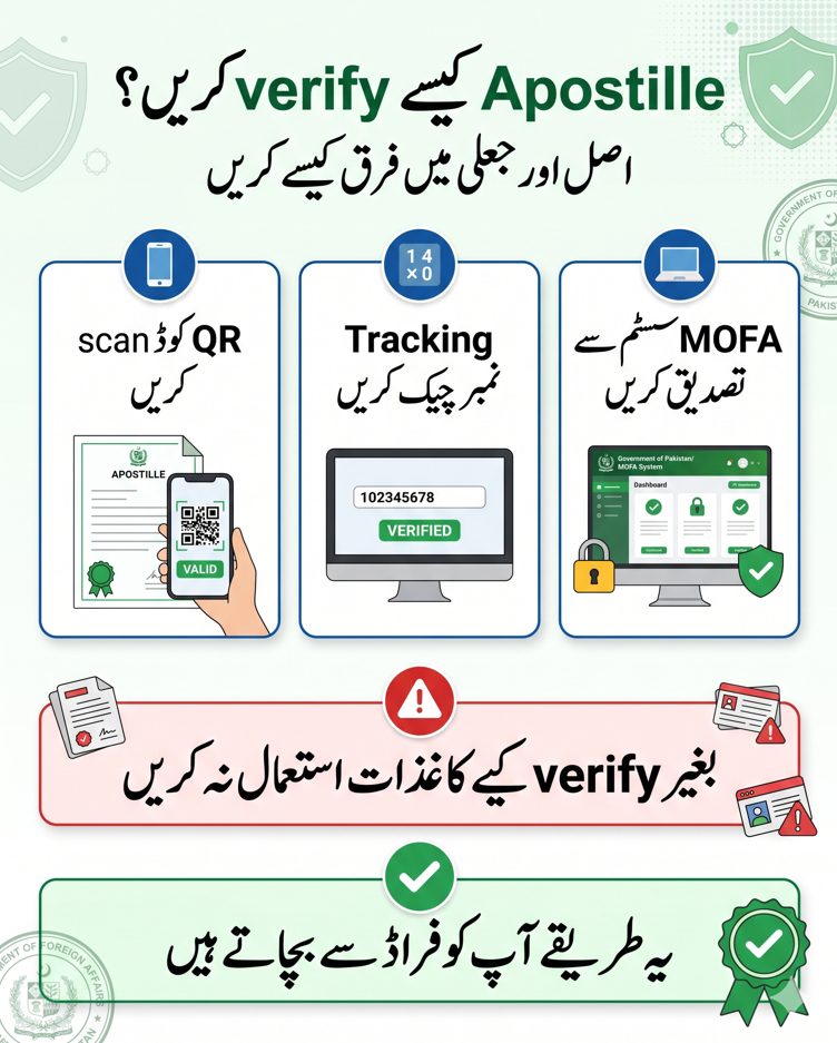 Urdu infographic showing how to verify Apostille certificate in Pakistan using QR code tracking number and MOFA verification system.