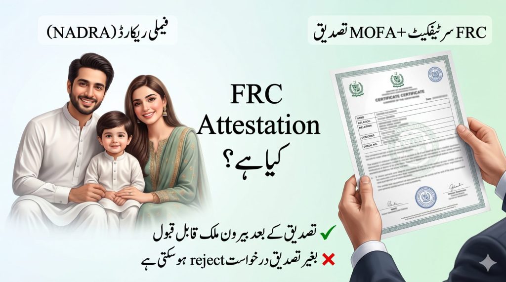 Urdu image explaining what FRC attestation is in Pakistan showing NADRA family record MOFA verification and international use.