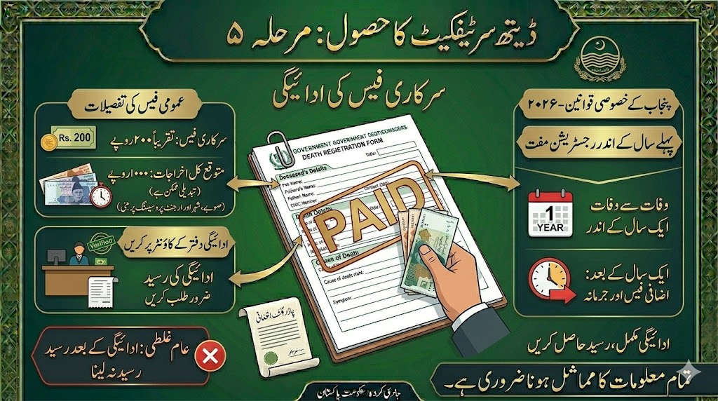 Urdu infographic explaining official death certificate government fees in Pakistan, including Union Council payment process, late registration charges, Punjab registration rules, receipt verification, and death registration timeline requirements.