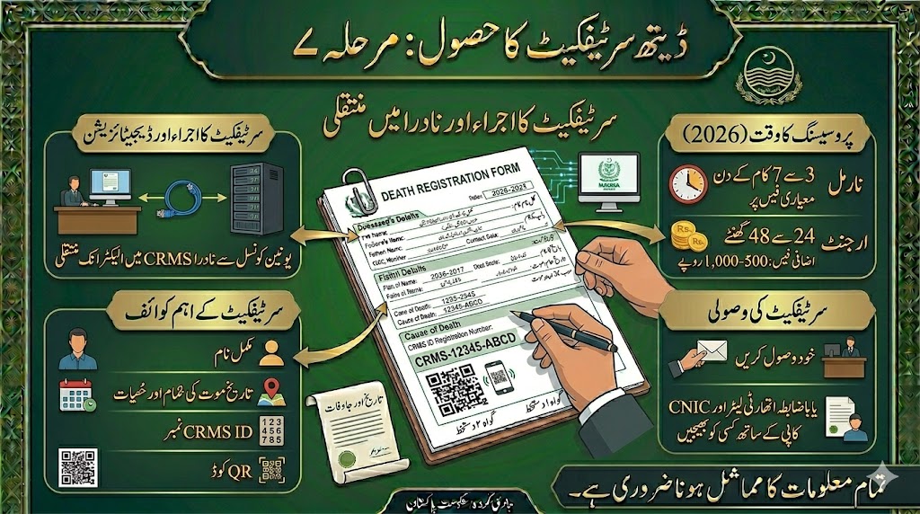 Urdu infographic explaining the final death certificate issuance process in Pakistan, including NADRA CRMS registration, QR code verification, certificate collection, processing timeline, applicant CNIC confirmation, and official record transfer.