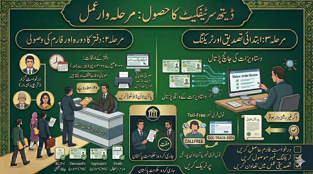 Urdu infographic explaining the death certificate registration and verification process in Pakistan, including hospital verification, applicant CNIC submission, Union Council processing, NADRA record checks, tracking portal, and certificate approval workflow.