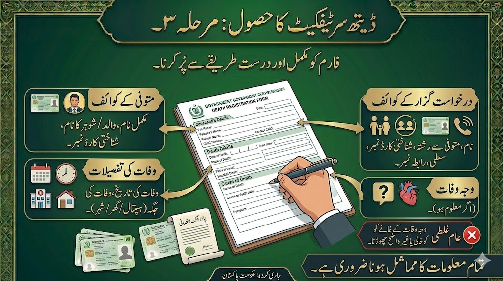 Urdu infographic showing how to correctly fill a death certificate registration form in Pakistan, including deceased details, applicant information, cause of death, hospital details, CNIC verification, and required supporting documents.