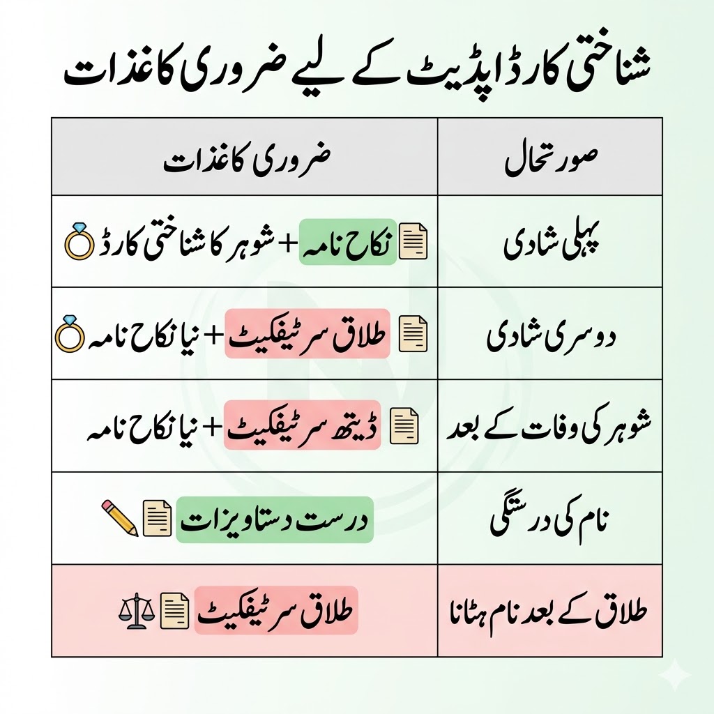 Urdu table infographic showing required documents for updating husband name in shanakhti card for marriage, divorce, and correction cases in Pakistan