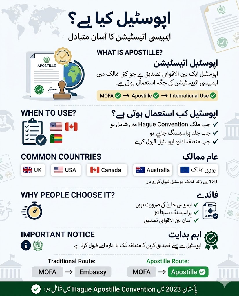Urdu infographic explaining Apostille attestation in Pakistan for death certificates including Hague Convention countries, MOFA Apostille process, and embassy attestation alternative for international document use.
