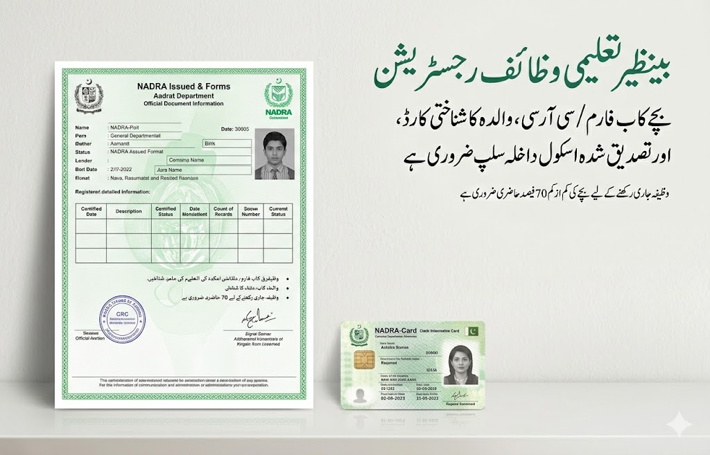 Benazir Taleemi Wazaif registration requirements showing child B-Form CRC, mother CNIC, and school admission slip