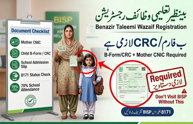 Benazir Taleemi Wazaif Registration with NADRA B-Form/CRC 28 Pakistani mother holding CNIC and child B-Form for Benazir Taleemi Wazaif registration