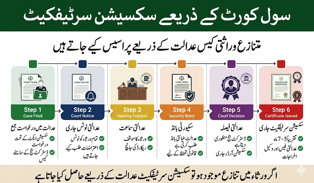 Civil court succession certificate process in Pakistan including District Judge court hearing legal heirs objections and judicial inheritance workflow infographic