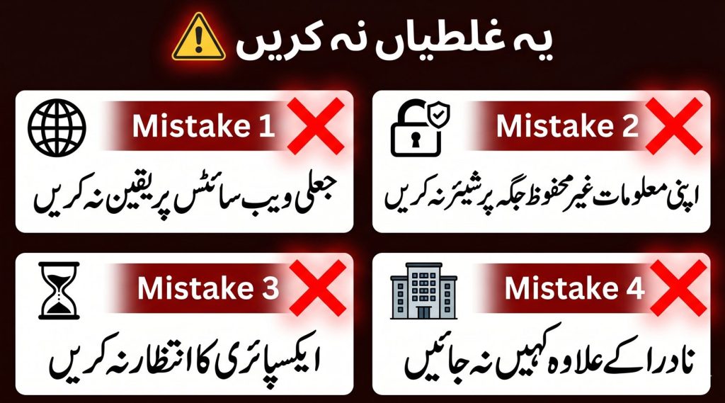 Urdu infographic showing common CNIC mistakes to avoid including fake websites and sharing personal information in Pakistan