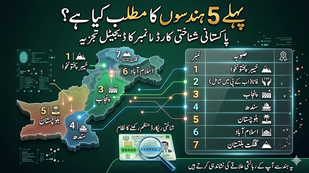 Urdu infographic showing province codes in Pakistani ID card number with map and table explanation
