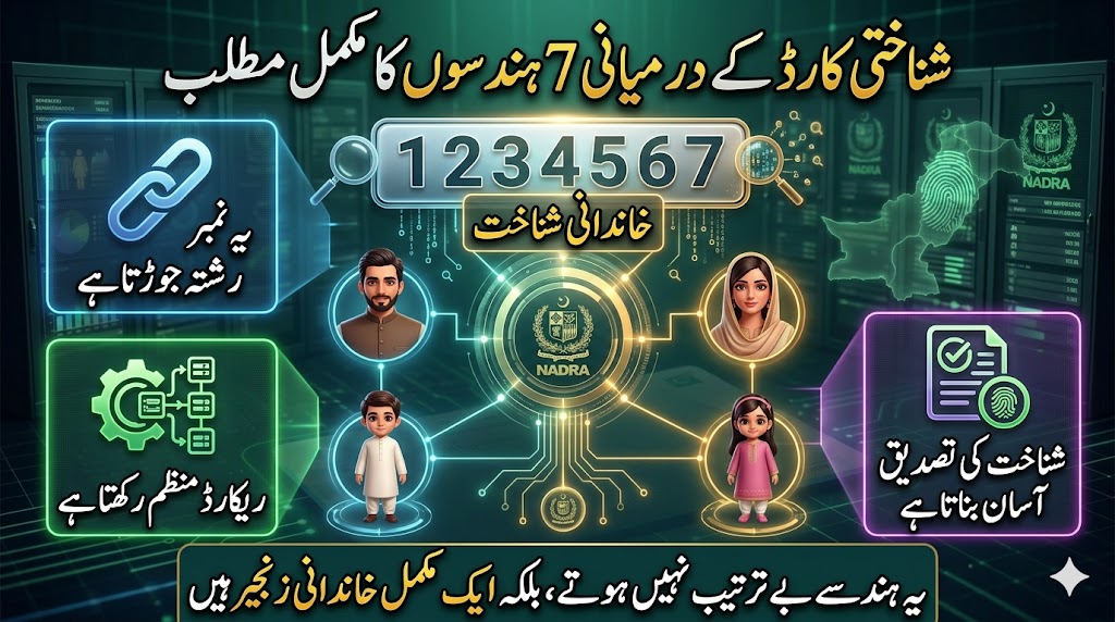 Urdu infographic showing how middle 7 digits of CNIC number represent family tree linkage and identity verification in NADRA Pakistan system