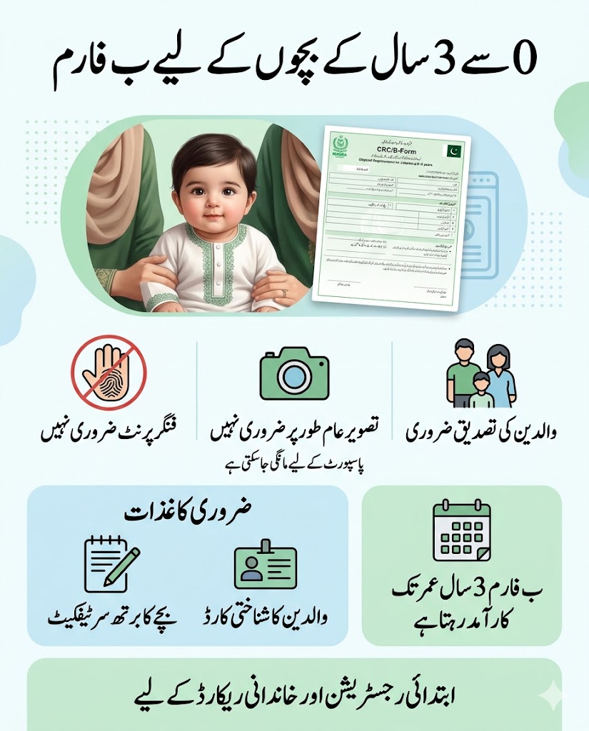 Urdu infographic showing CRC B-Form requirements for children aged 0 to 3 years in Pakistan including parent verification birth certificate and validity rules through NADRA