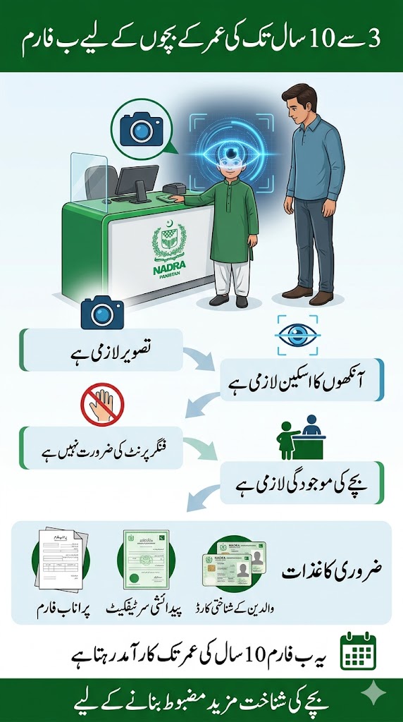 Urdu infographic showing CRC B-Form requirements for children aged 3 to 10 years in Pakistan including photo IRIS scan and child presence verification through NADRA