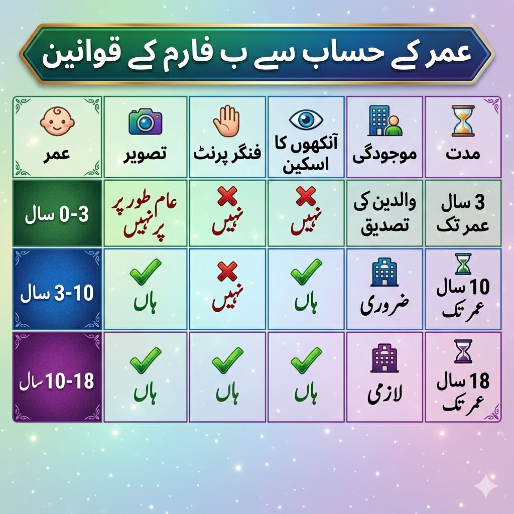 Urdu comparison table infographic showing CRC B-Form requirements by age in Pakistan including photograph fingerprints IRIS scan physical presence and validity rules through NADRA