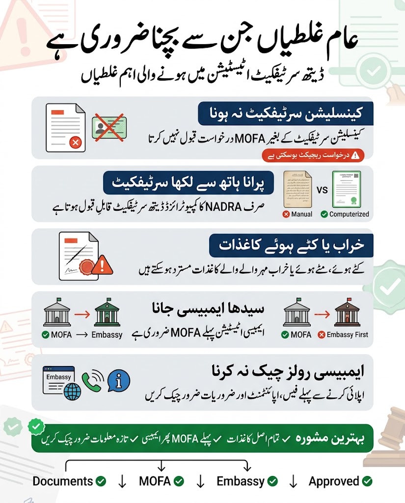 Urdu infographic explaining common mistakes to avoid during death certificate attestation in Pakistan including missing Cancellation Certificate, manual certificates, damaged documents, and skipping MOFA verification.