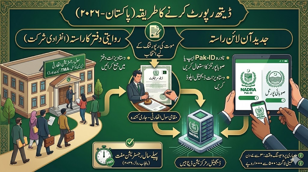 Pakistan death certificate process flowchart — Union Council office visit and Pak-ID online application routes with NADRA database (Urdu infographic)