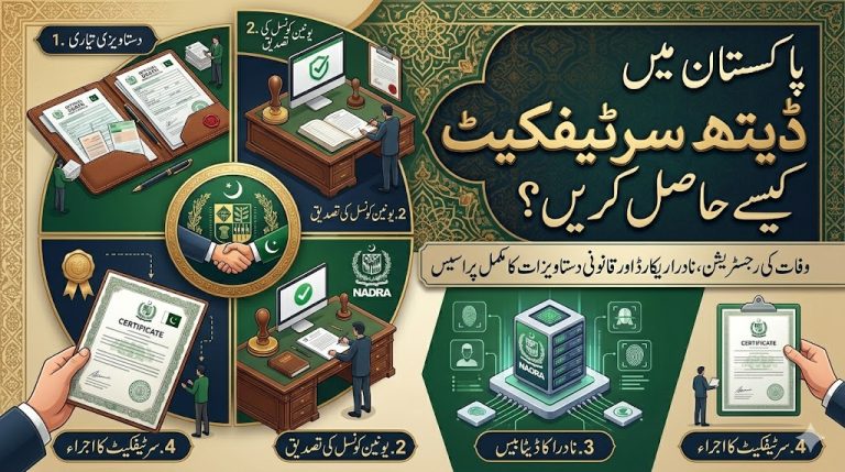 How to Get a Death Certificate in Pakistan (2026 Complete Guide) 29 Death certificate Pakistan process infographic in Urdu — 4 steps from Union Council to NADRA certificate issuance