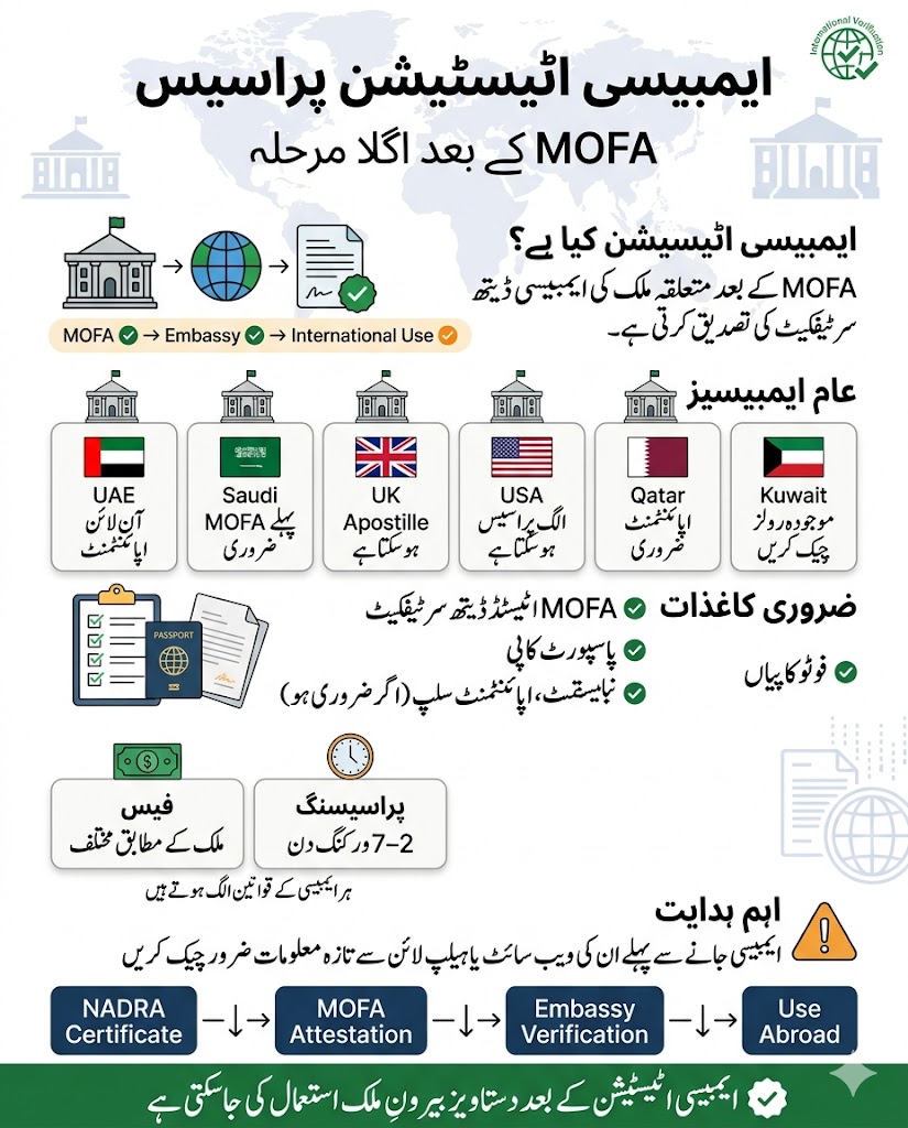 Urdu infographic explaining embassy attestation process for Pakistani death certificates after MOFA verification including required documents, embassy requirements, fees, and processing time for international use.