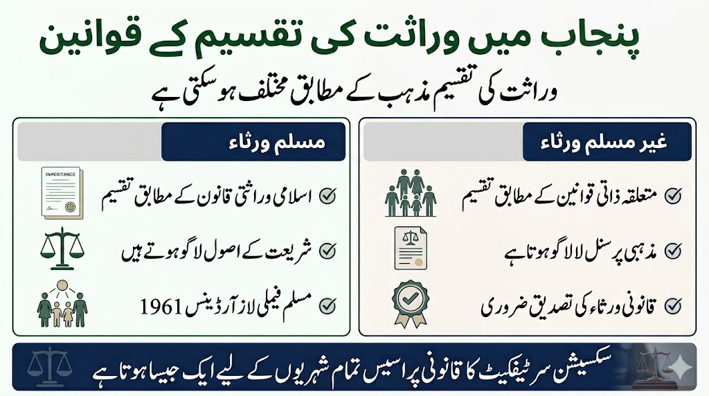 Inheritance distribution laws in Pakistan for Muslim and non Muslim heirs including Shariah law personal laws and succession certificate legal process infographic