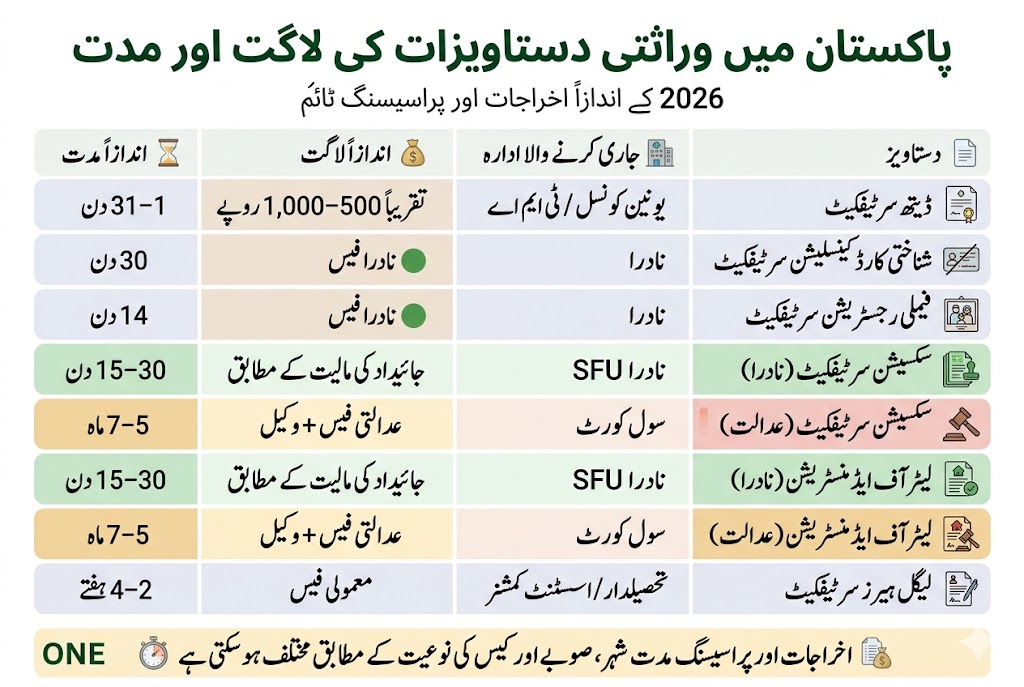 Comparison infographic showing costs and processing times for death certificate succession certificate Letter of Administration and legal heirs certificate in Pakistan 2026