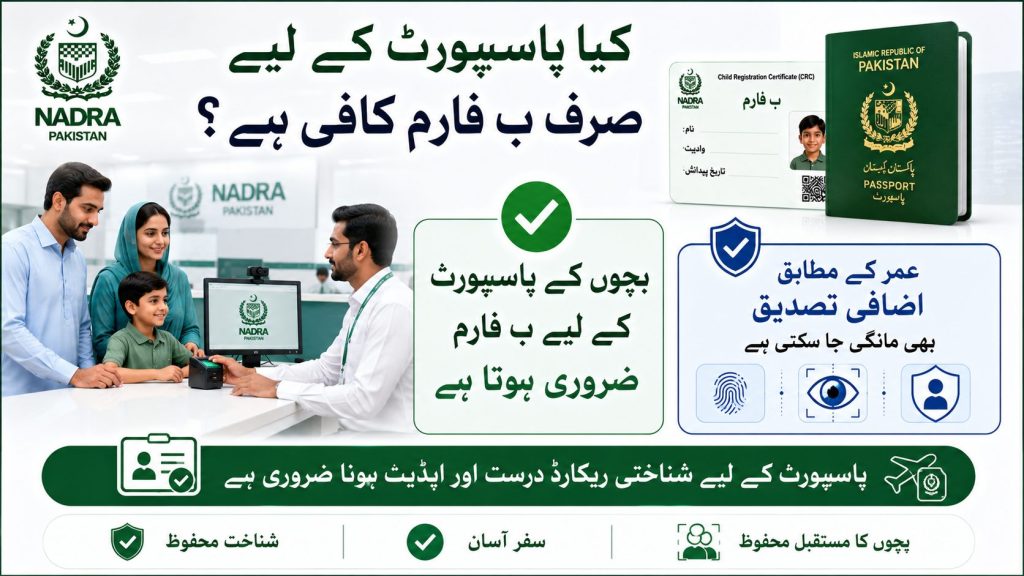 Urdu infographic explaining whether CRC B-Form is enough for Pakistani child passport applications including biometric verification requirements through NADRA