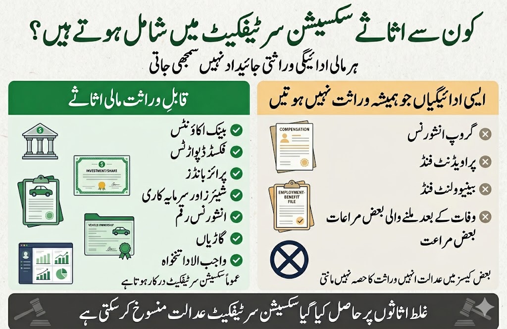 Comparison infographic explaining movable property and non inheritable assets for succession certificate process in Pakistan including bank accounts shares vehicles provident fund and insurance payouts