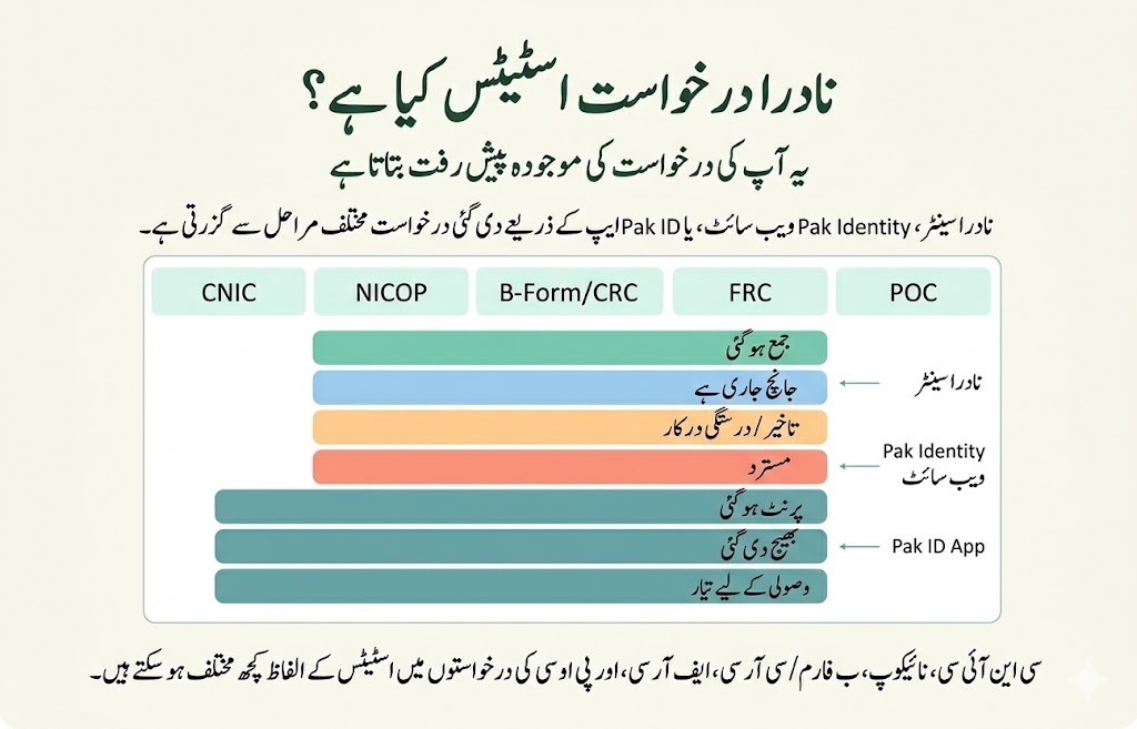 NADRA Application Status Meanings: Pending, Processing, Hold, Rejected, Dispatched 3 Urdu image explaining what NADRA application status means for CNIC NICOP CRC B-Form FRC and POC applications