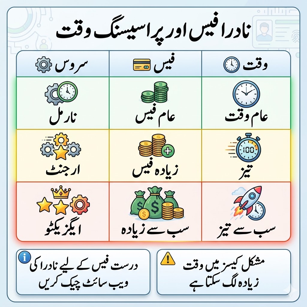 Urdu table infographic showing NADRA service types including normal urgent and executive with fee categories and processing time for shanakhti card update in Pakistan