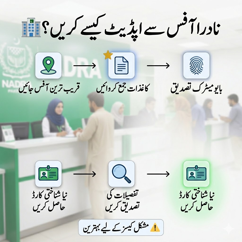 Urdu infographic showing NADRA office method to update shanakhti card including document submission, biometric verification, and issuance process