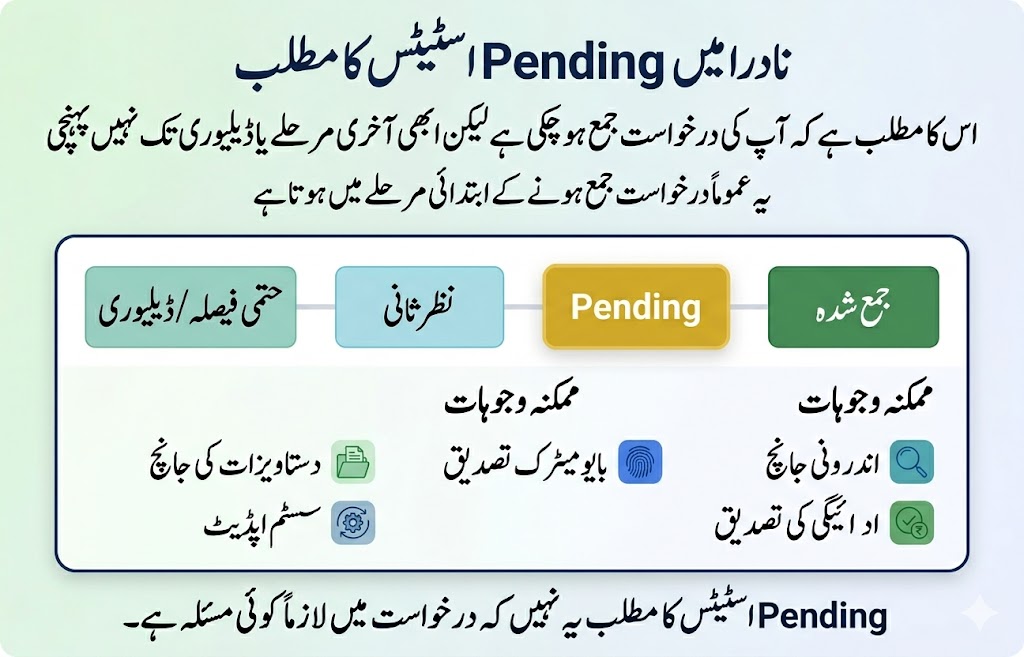NADRA Application Status Meanings: Pending, Processing, Hold, Rejected, Dispatched 4 Urdu image explaining the meaning of Pending status in NADRA application tracking