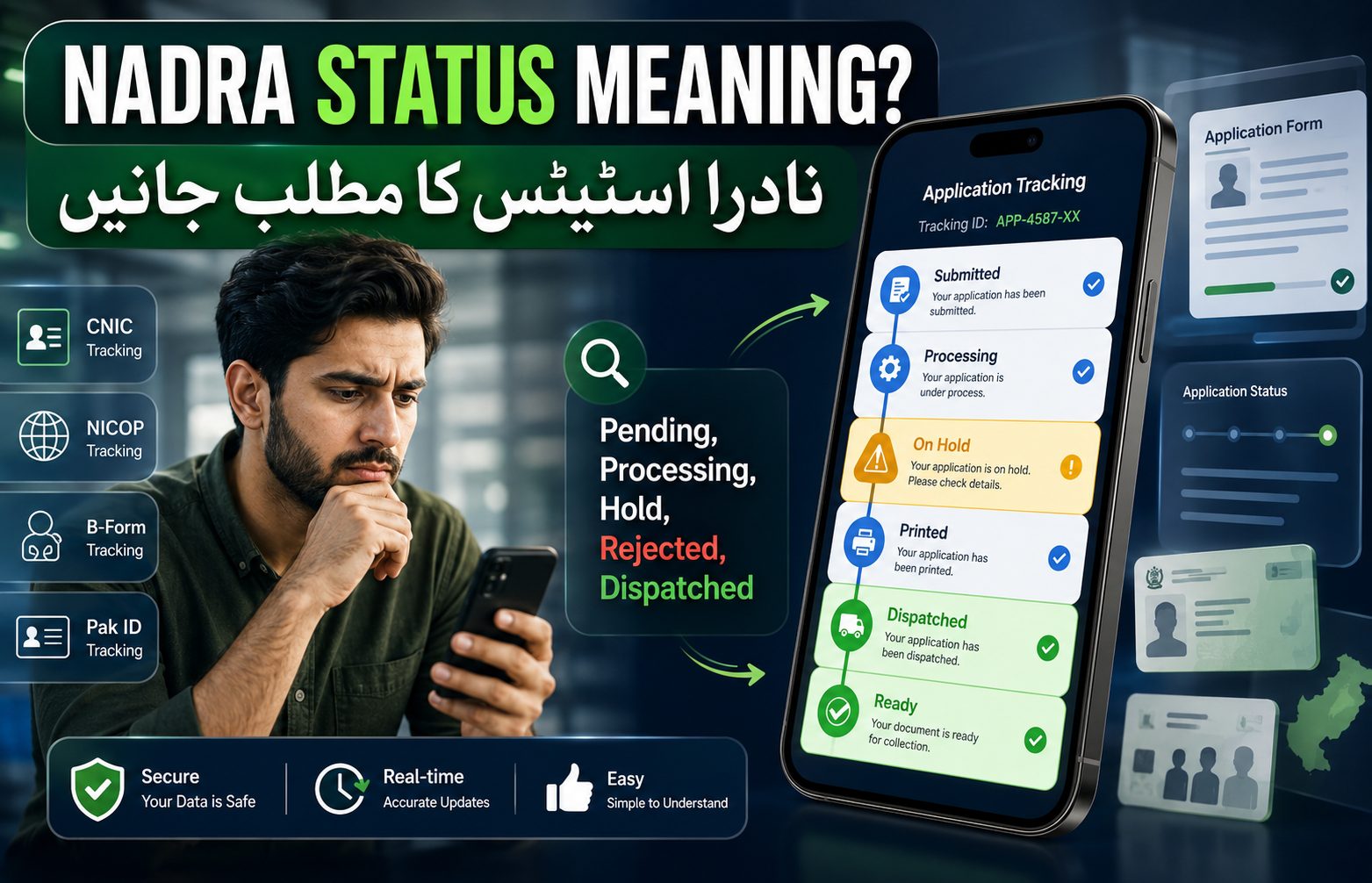 NADRA Application Status Meanings: Pending, Processing, Hold, Rejected, Dispatched 1 Pakistani applicant checking NADRA application status meanings including pending processing hold rejected and dispatched on mobile tracking screen