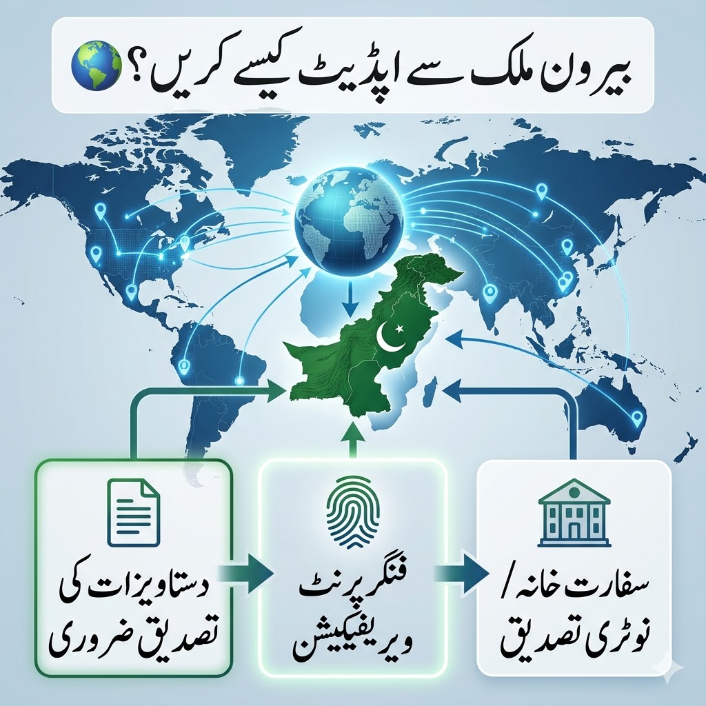 Urdu infographic showing requirements for updating shanakhti card from overseas including document attestation, fingerprint verification and embassy process
