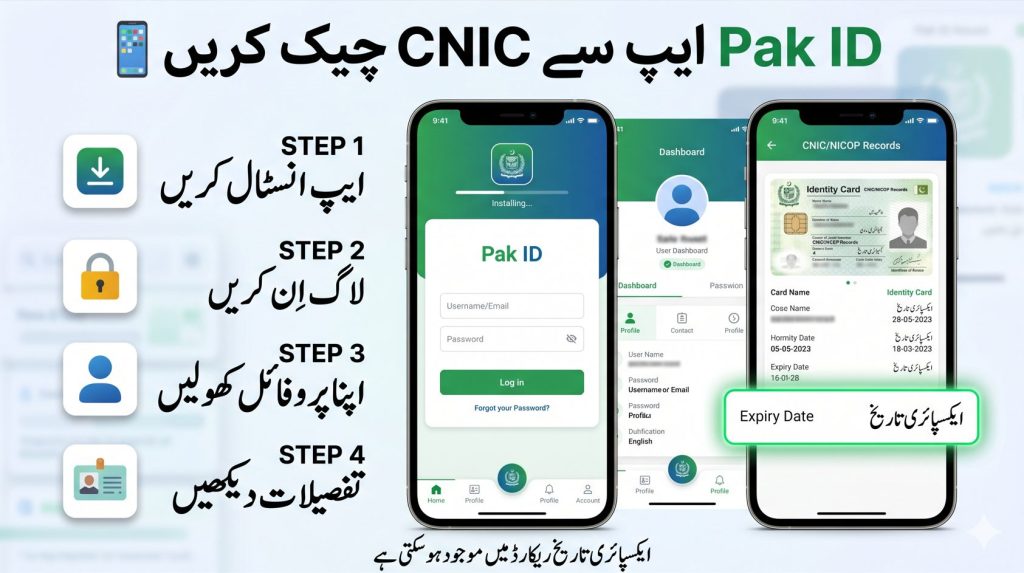 Urdu infographic showing step by step process to check CNIC expiry date using Pak ID app in Pakistan